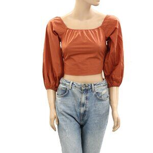 Leger By Lena Gercke Brown Cropped Blouse Top Balloon Sleeve LaceUp XS-34 277972